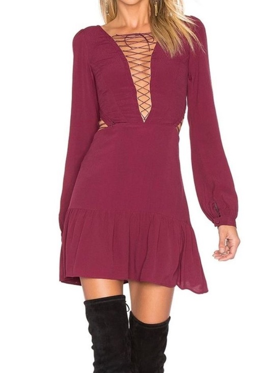 For Love And Lemons Dresses & Skirts - For Love & Lemons Lace Up Long Sleeve Mini Dress in Wine Red Size Small